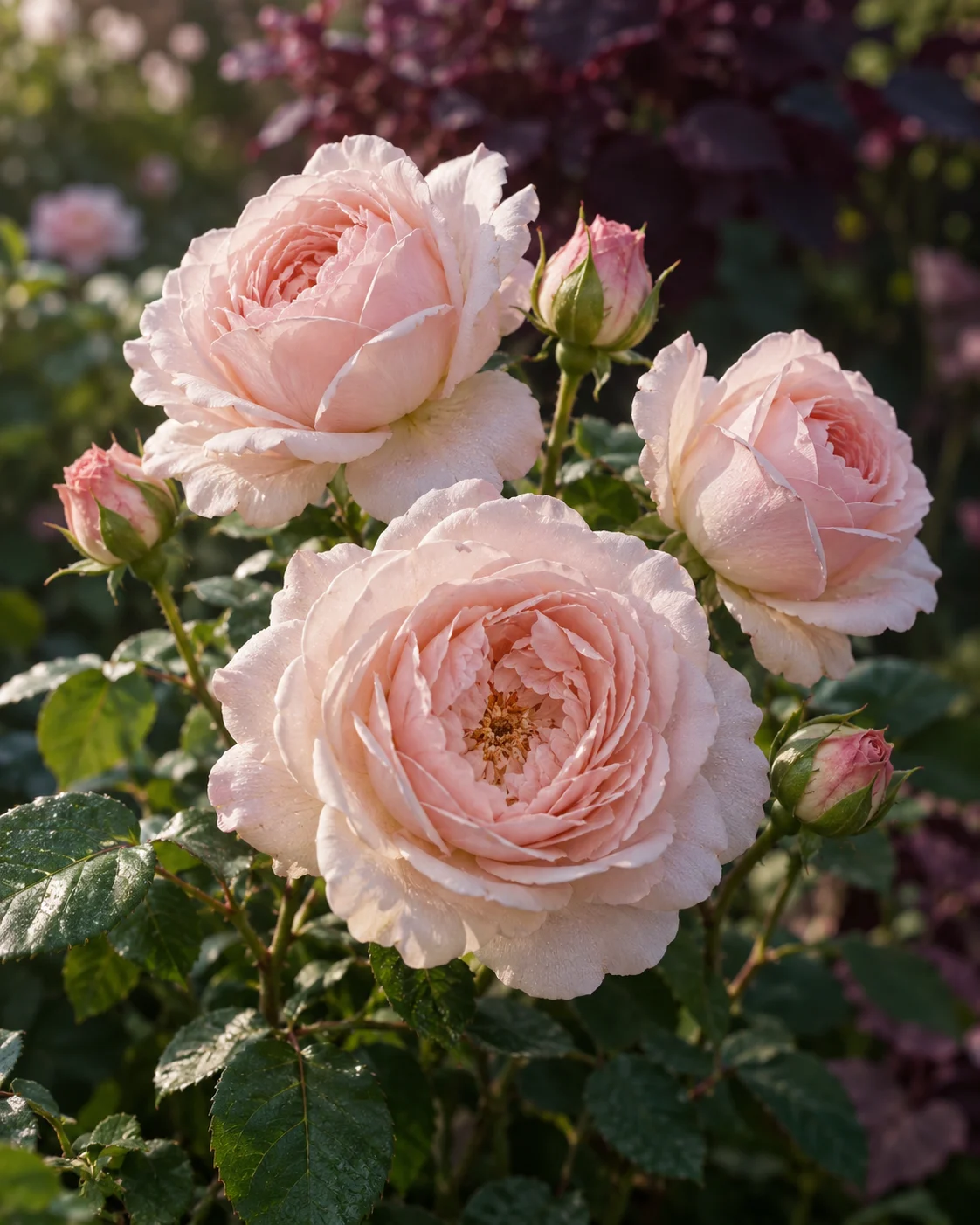 Pale pink roses in gentle morning light